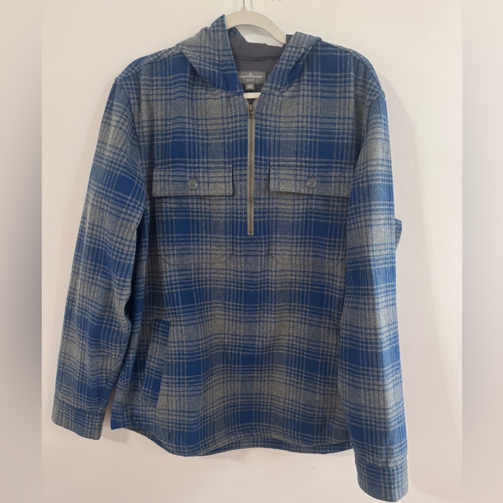 Signature Blue and Gray 1/2 Zip Checkered Flannel Shirt Jacket